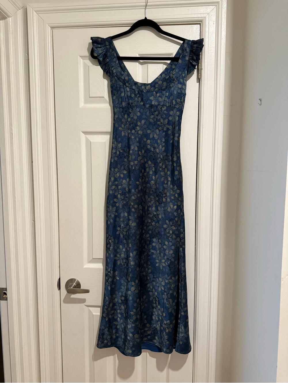 Blue Floral Maxi Dress with Ruffle Cap Sleeves
